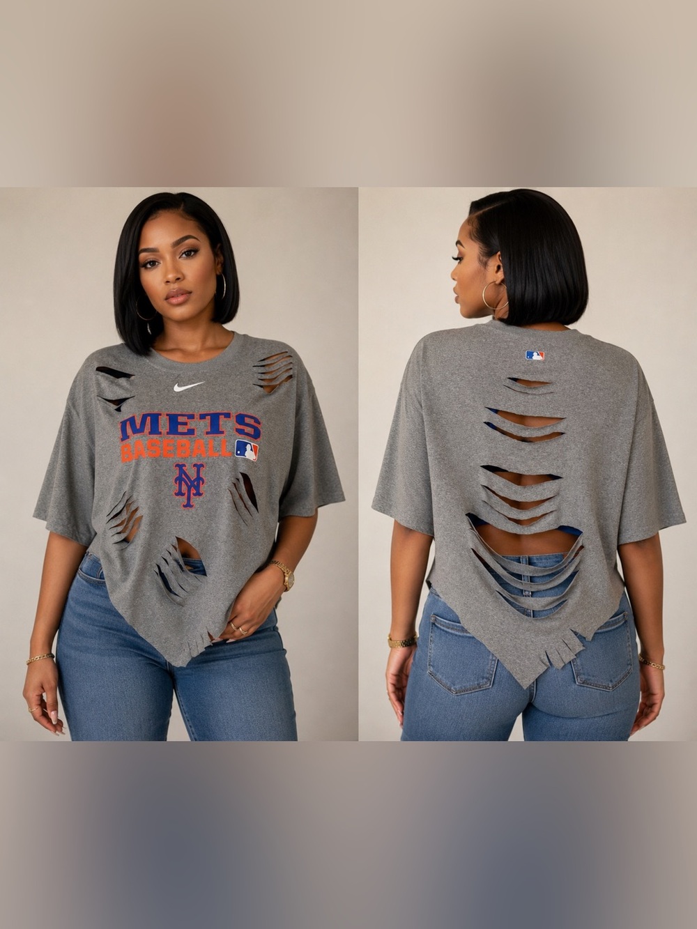 Upcycled Distressed cut up Gray Mets Logo Short Sleeve Tee size XL